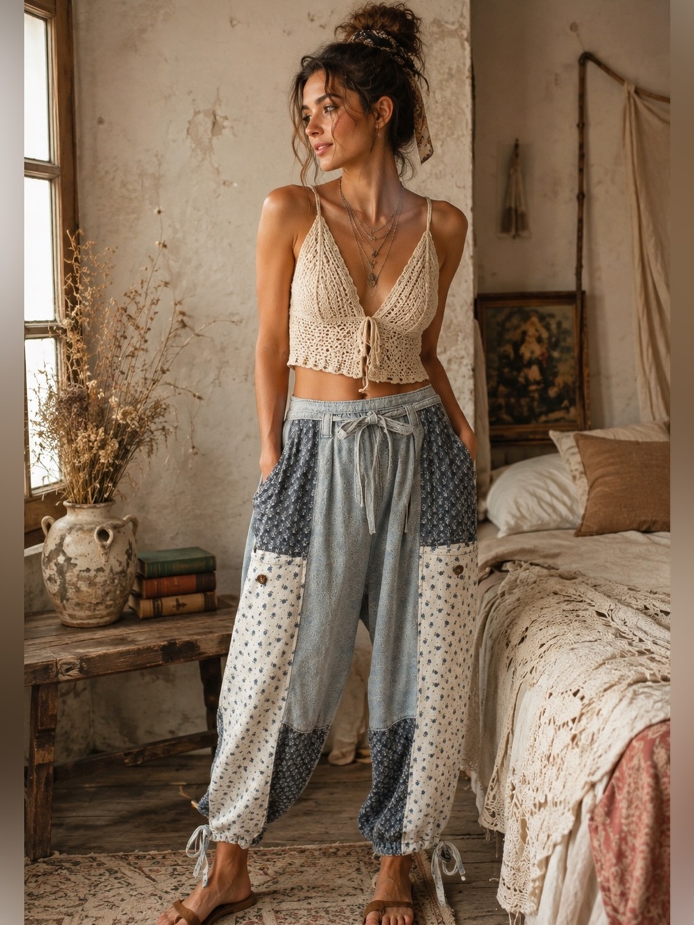SOLD🌟68🌟NWT☺️BLUE VELVET Patchwork Wide-Leg / Jogger Pants